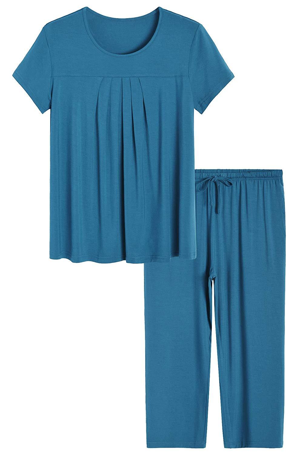 Women's Bamboo Pajamas Pleated Top and Capris Pjs Set - Latuza