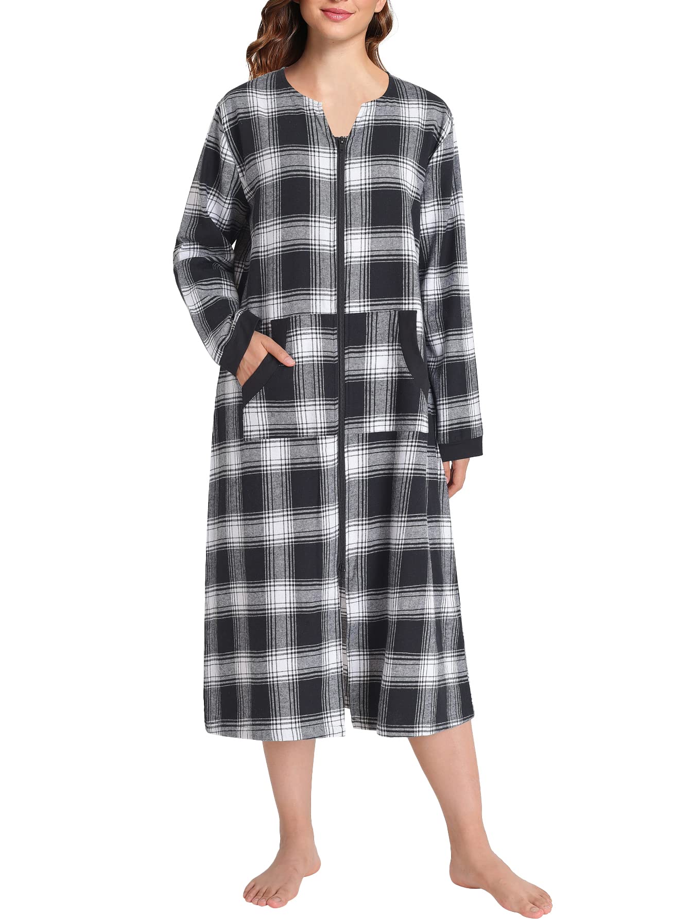 Women's Cotton Plaid Nightgown Long Flannel Zipper Nightgown - Latuza