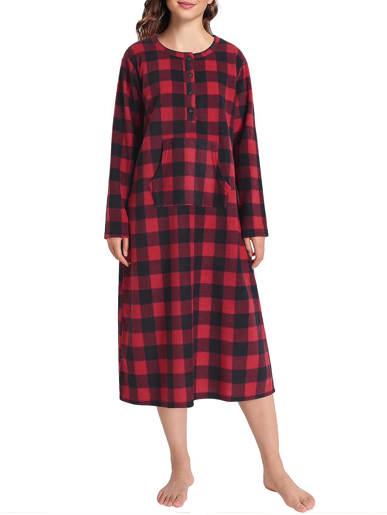 Women's Plaid Fleece Nightgown Warm Long Sleeves Sleep Shirt - Latuza