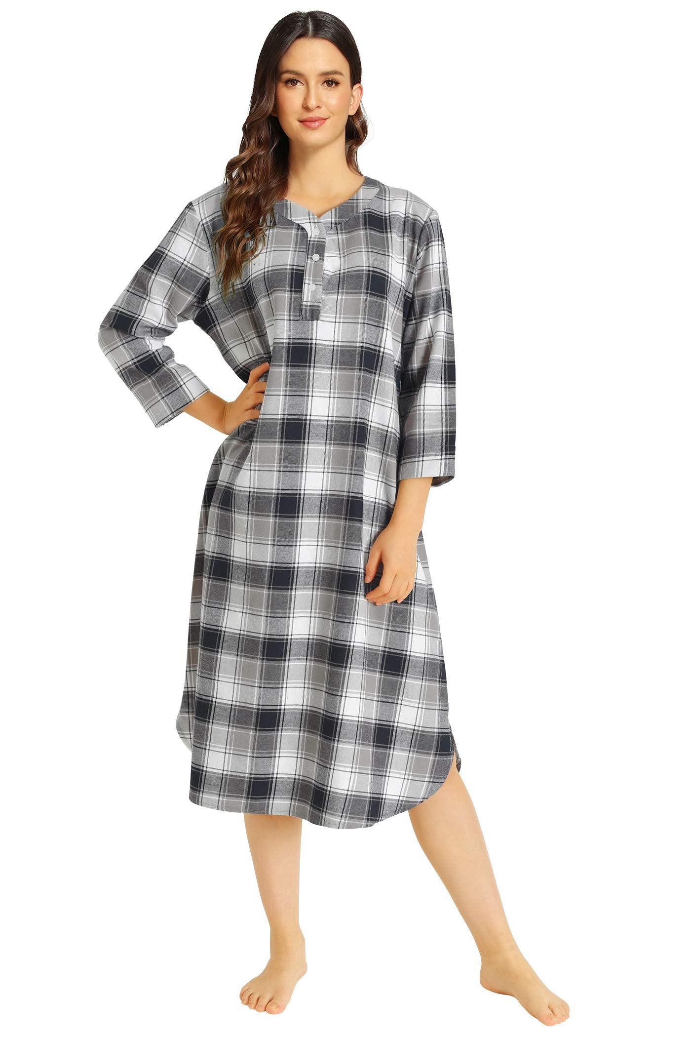 Women's Plaid Flannel Nightgown Warm Cotton Midi Nightgown - Latuza