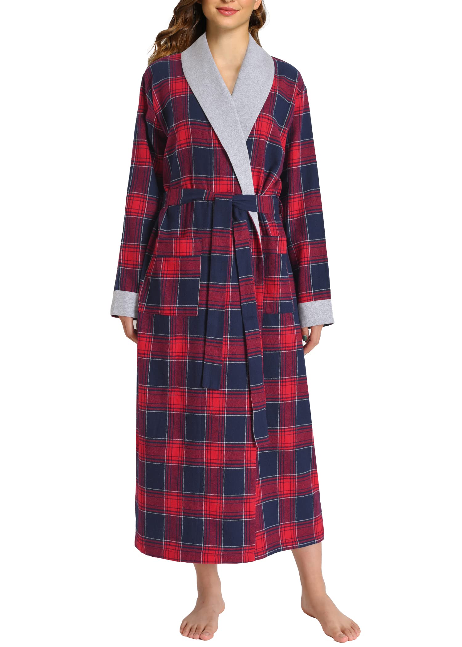 Women's Plaid Flannel Robe Long Cotton Bathrobe with Pockets - Latuza