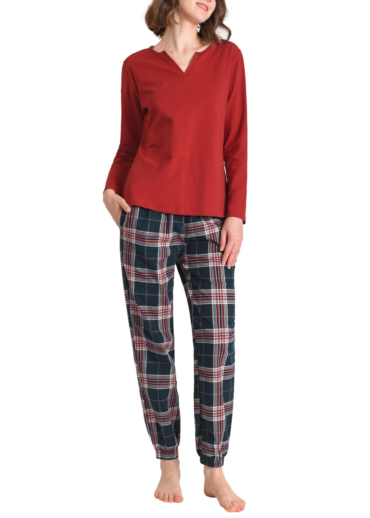 Women's 2 Piece Pajama Lounge Set Long Sleeves Top Flannel Plaid Joggers - Latuza