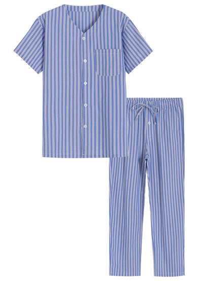 Men's Cotton Pajamas Set Button Up Shirt and Pants for Summer - Latuza