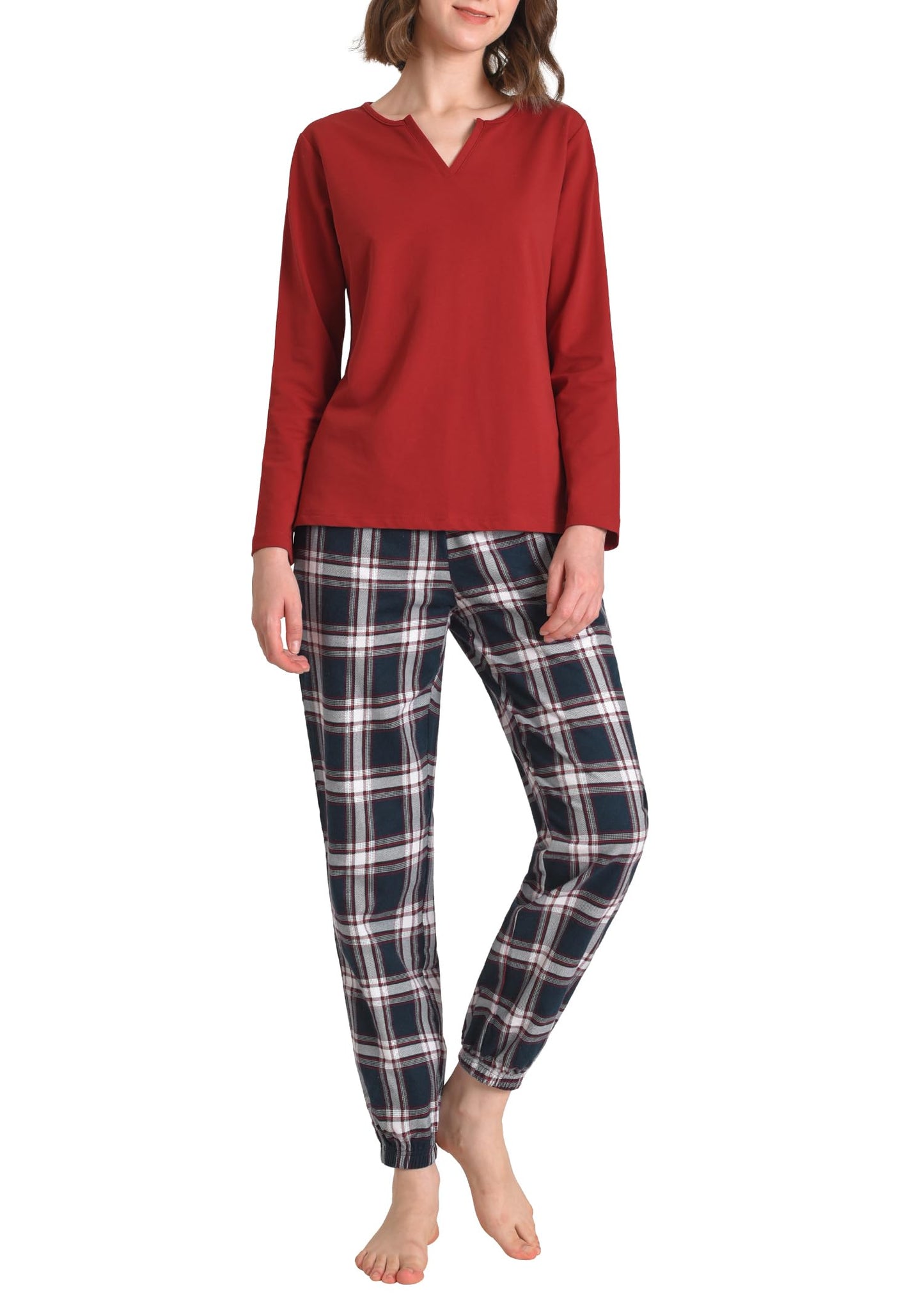 Women's 2 Piece Pajama Lounge Set Long Sleeves Top Flannel Plaid Joggers - Latuza