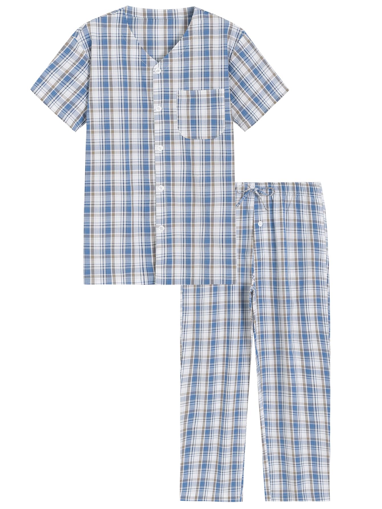 Men's Cotton Pajamas Set Button Up Shirt and Pants for Summer - Latuza