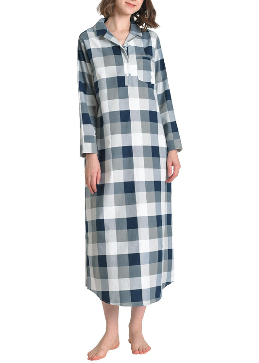 Women's Flannel Nightgown with Pockets Long Sleeves Full Length - Latuza