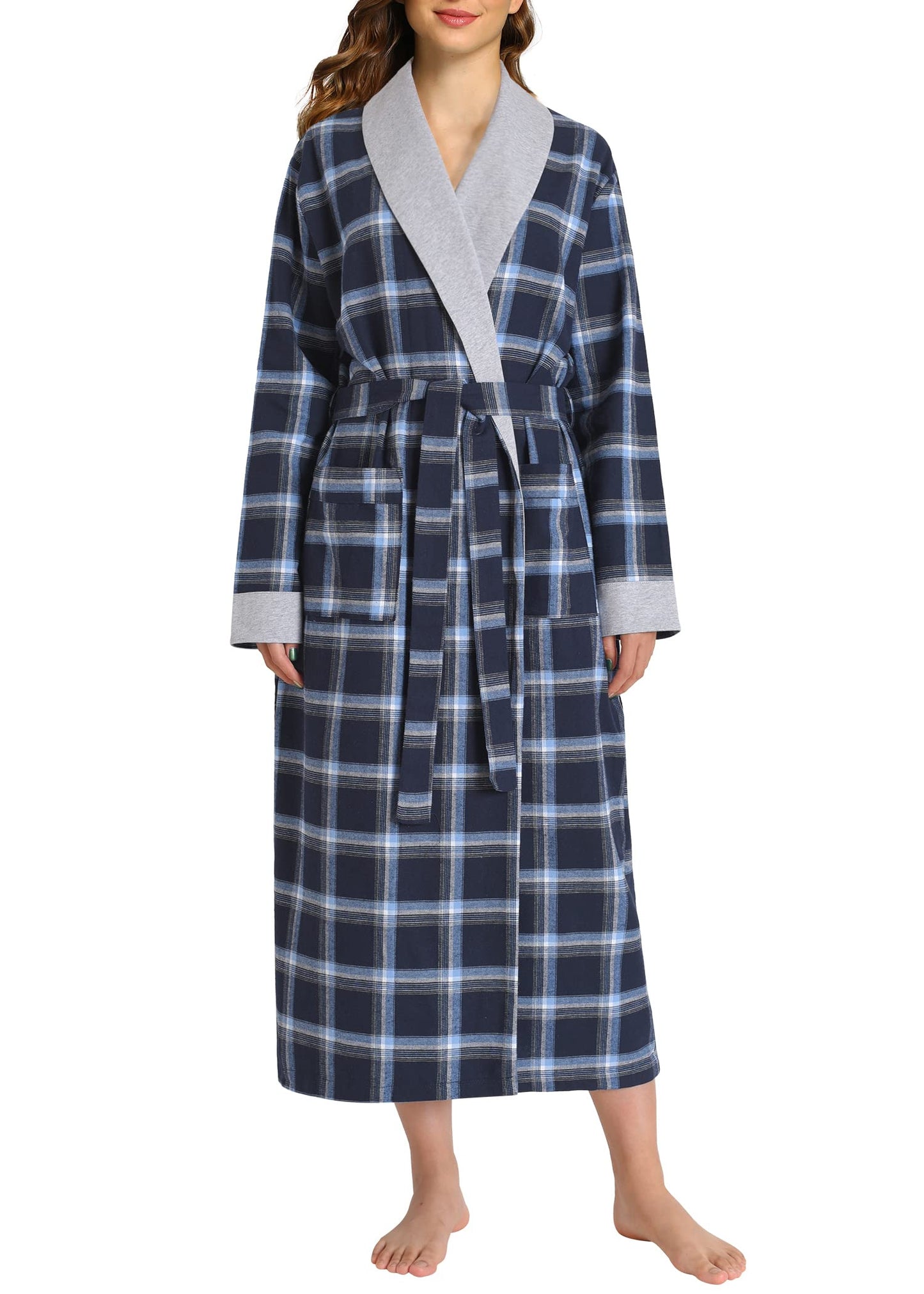Women's Plaid Flannel Robe Long Cotton Bathrobe with Pockets - Latuza