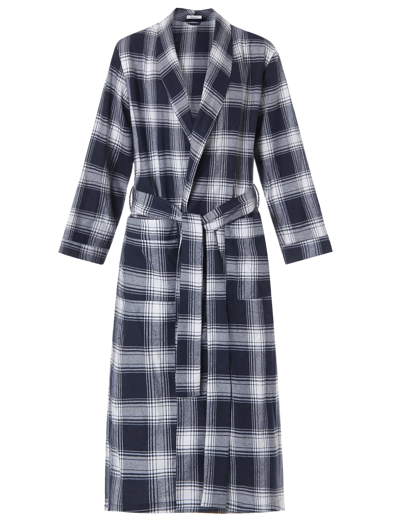 Men's Cotton Flannel Long Robe Full Length Plaid Bathrobe - Latuza