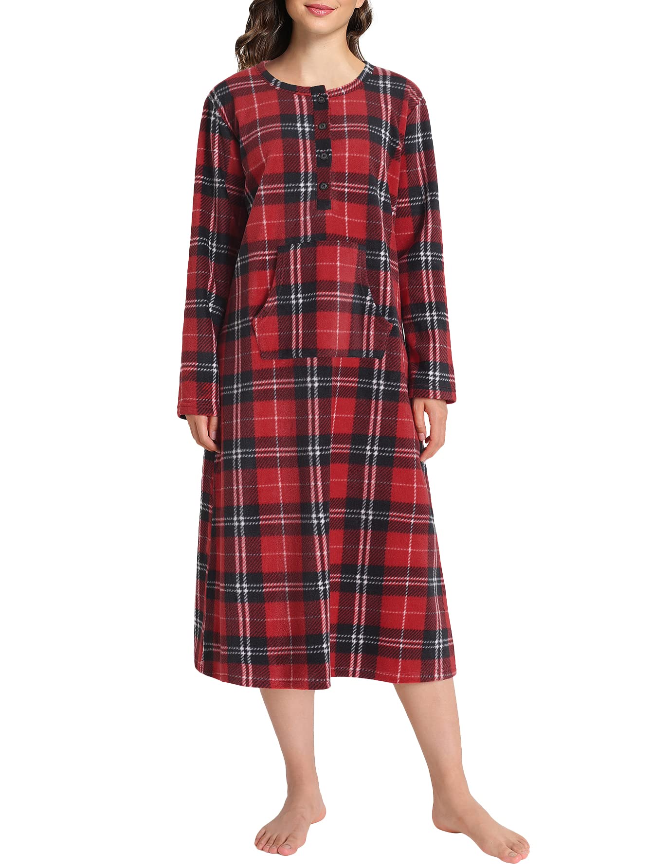 Women's Plaid Fleece Nightgown Warm Long Sleeves Sleep Shirt - Latuza