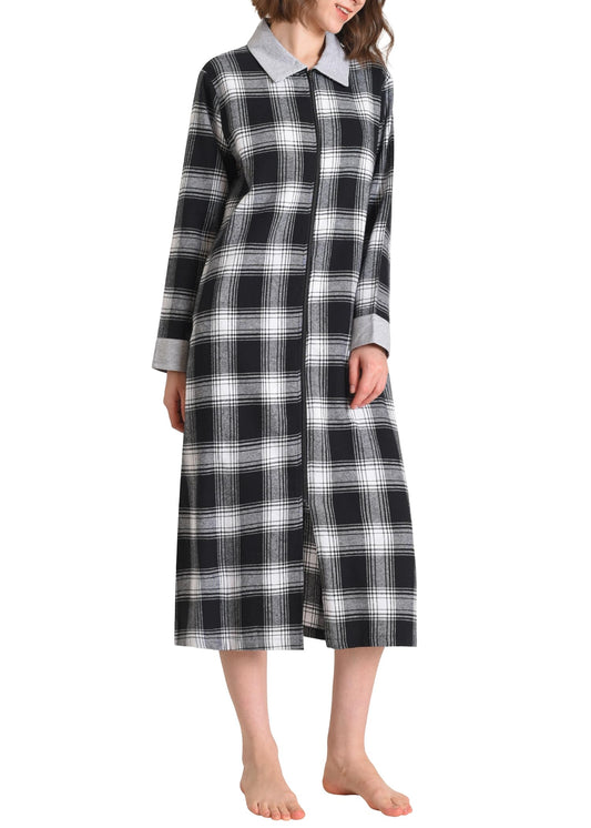 Women's Cotton Flannel Zip Up Robe Zipper Front Housecoat with Pockets - Latuza