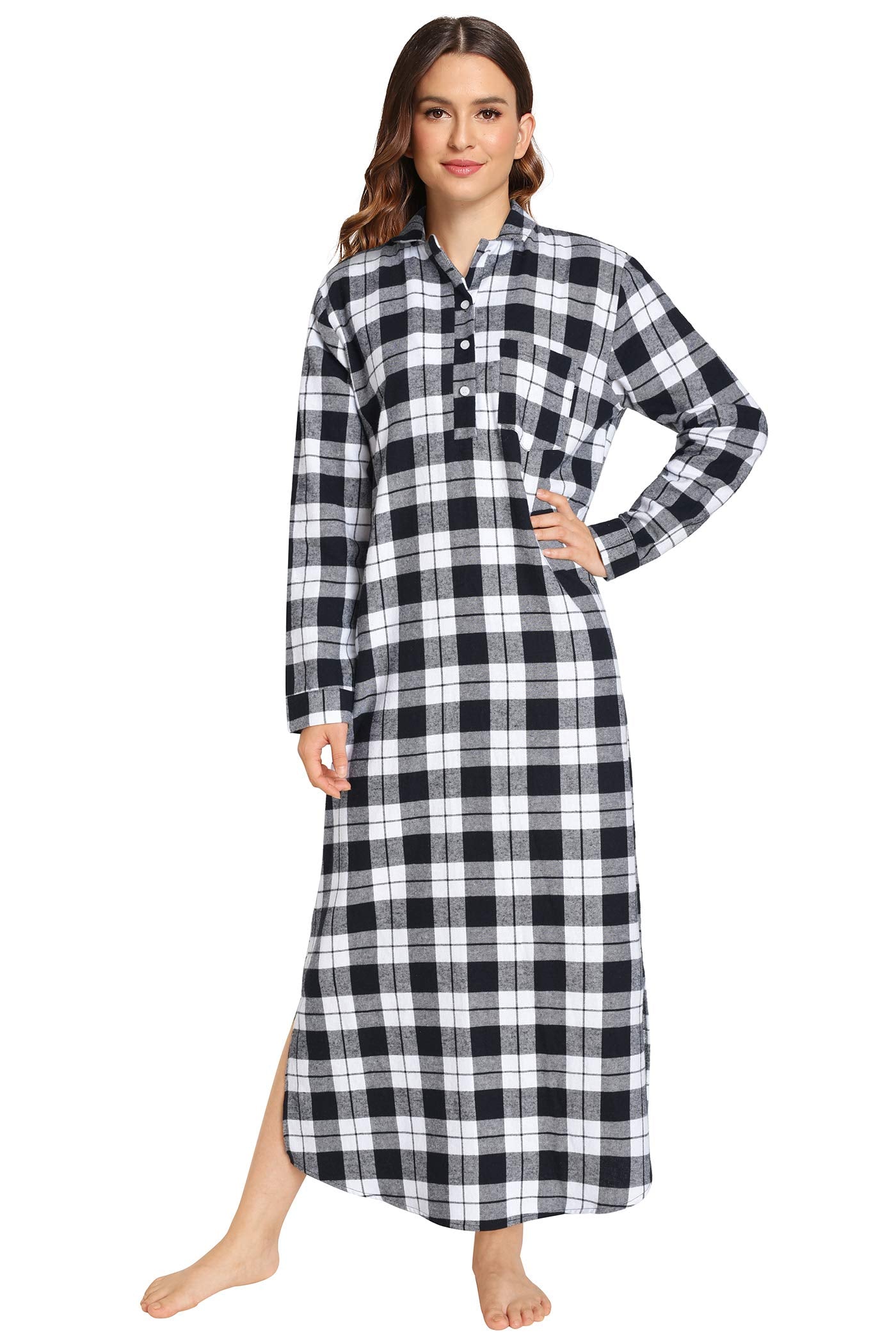 Women's Plaid Flannel Nightgowns Full Length Sleep Shirts - Latuza