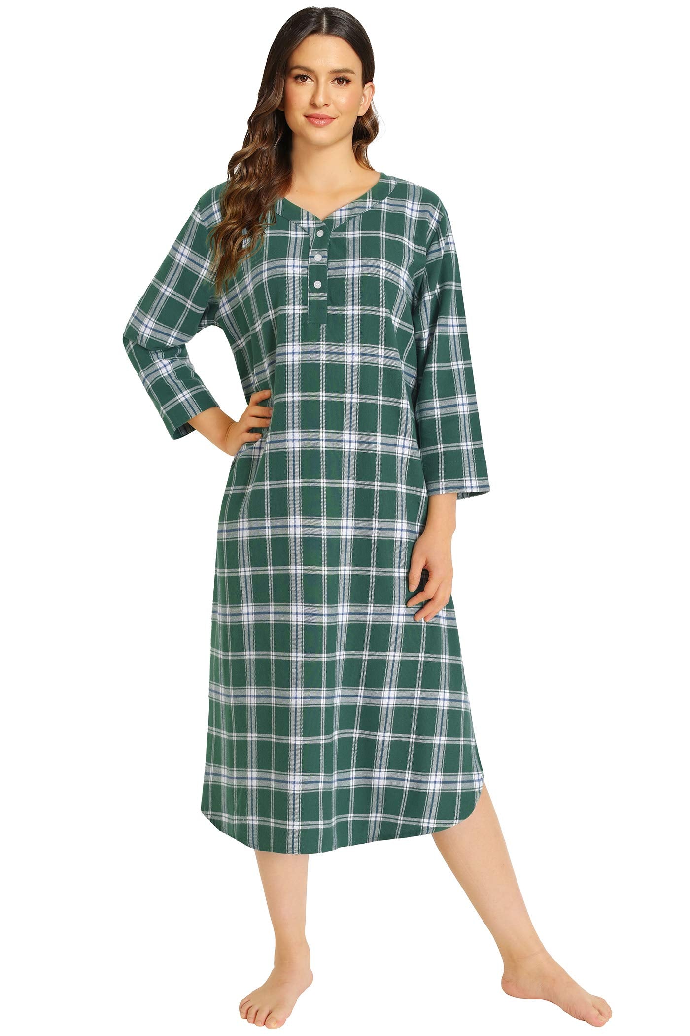 Women's Plaid Flannel Nightgown Warm Cotton Midi Nightgown - Latuza