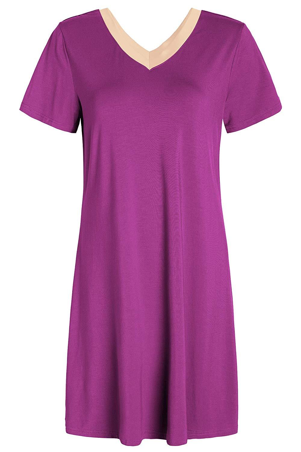 Women's V-Neck Bamboo Sleep Night Shirt Dress Jersey Nightgown - Latuza