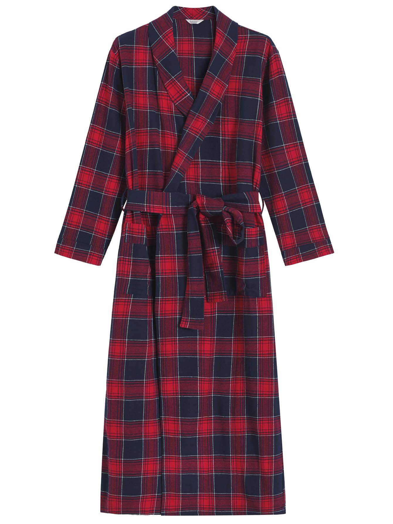 Men's Cotton Flannel Long Robe Full Length Plaid Bathrobe - Latuza