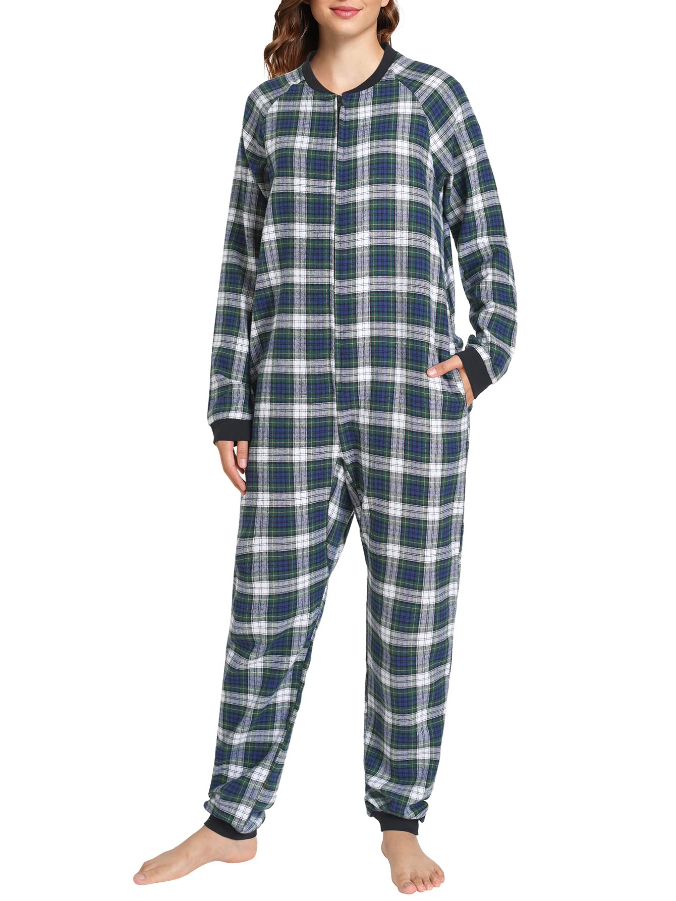 Women's Flannel Zipper Onesie Long Sleeves Pajama Jumpsuit - Latuza