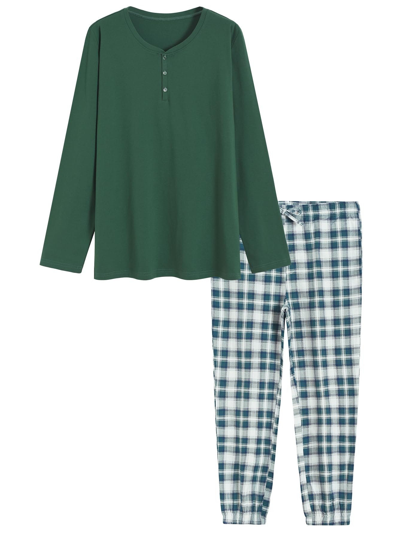 Men's Cotton Pajama Set Long Sleeve Henley Top Flannel Pants with Pockets - Latuza