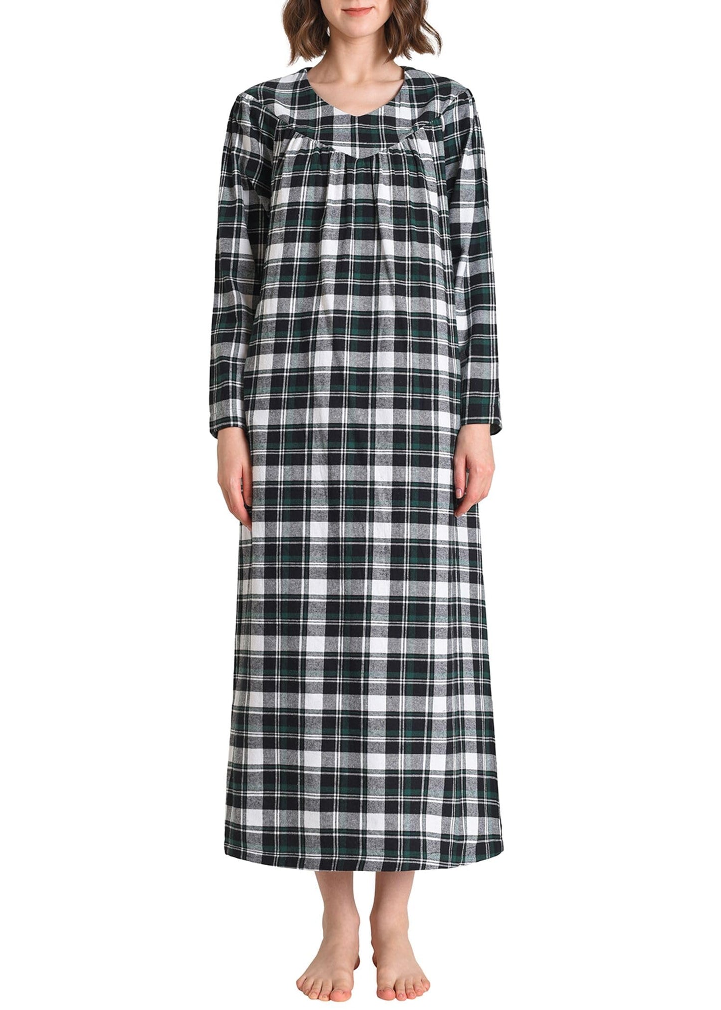 Women's Plaid Flannel Nightgown Long Sleeve V-Neck Nightgown with Pockets - Latuza