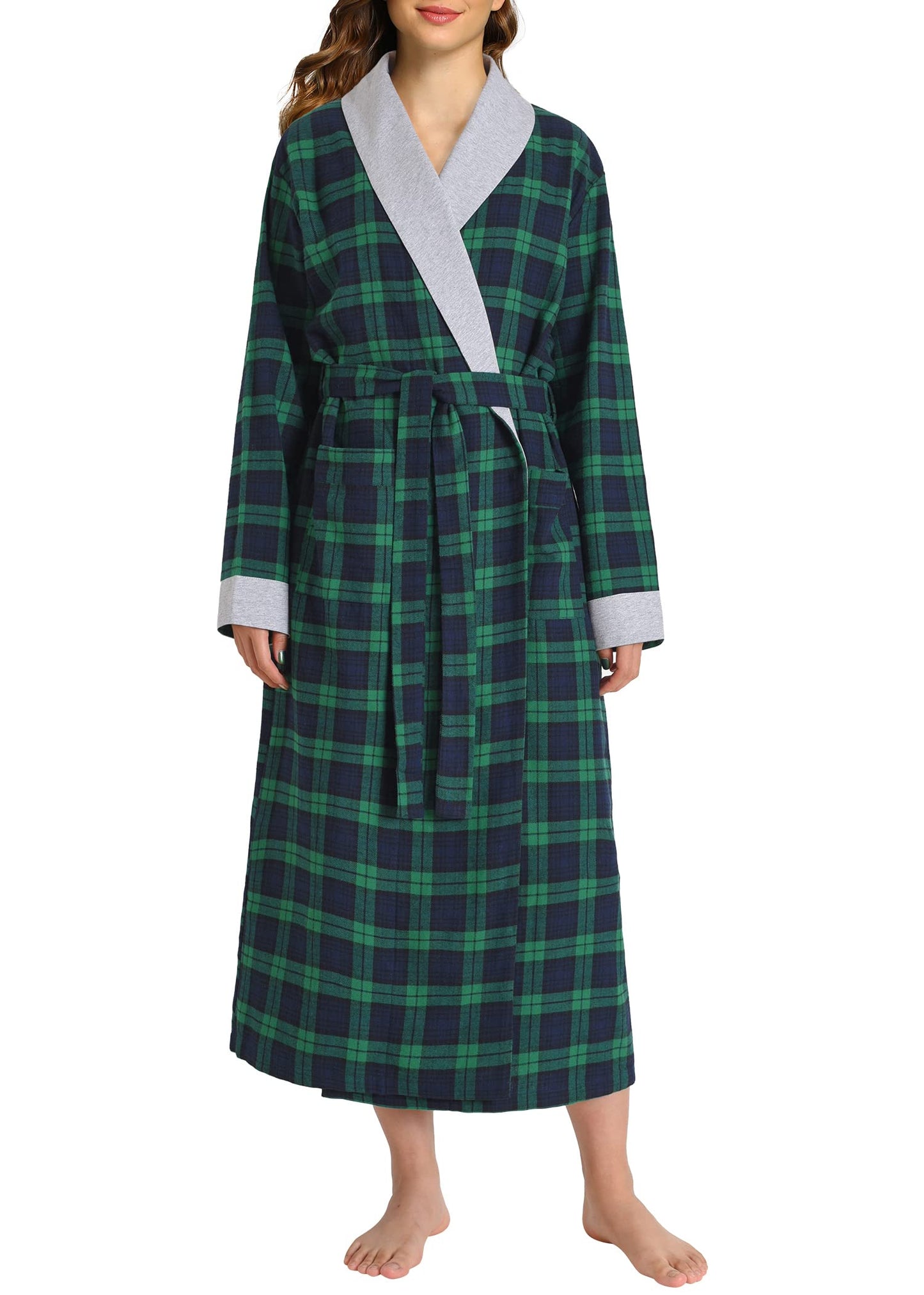 Women's Plaid Flannel Robe Long Cotton Bathrobe with Pockets - Latuza