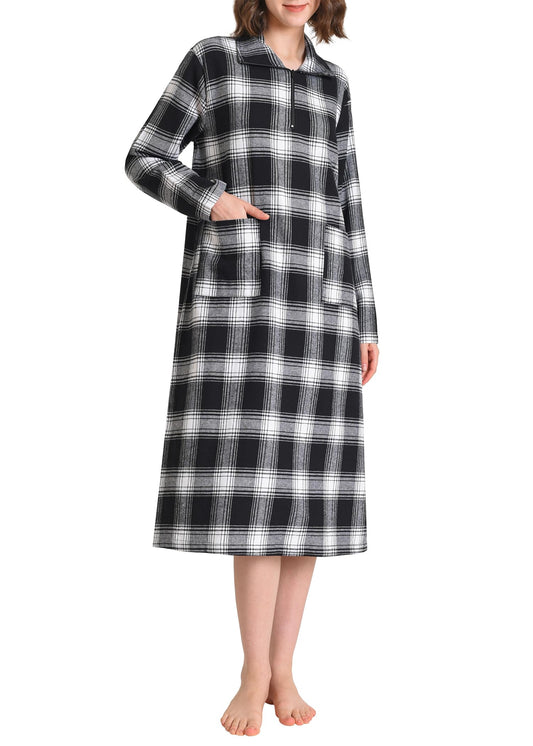 Women's Cotton Flannel Nightgown Long Sleeve Midi Nightgown - Latuza