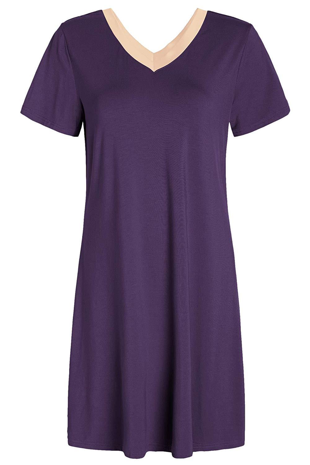 Women's V-Neck Bamboo Sleep Night Shirt Dress Jersey Nightgown - Latuza