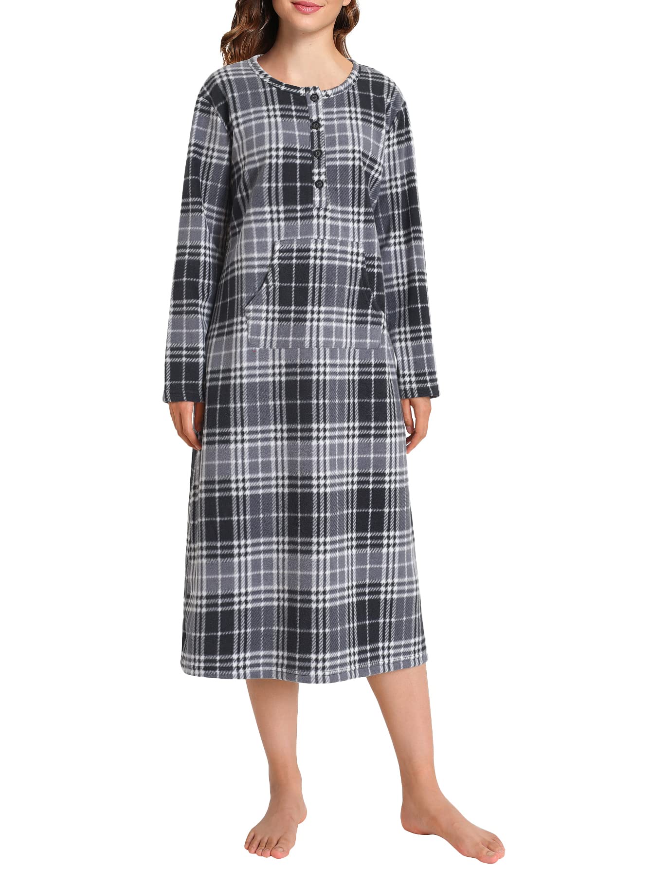 Women's Plaid Fleece Nightgown Warm Long Sleeves Sleep Shirt - Latuza