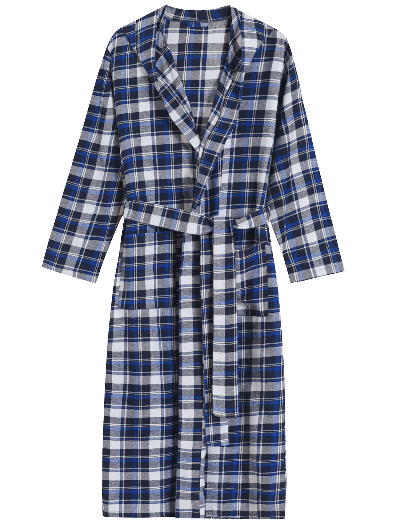 Men's Cotton Flannel Long Robe Full Length Plaid Bathrobe - Latuza