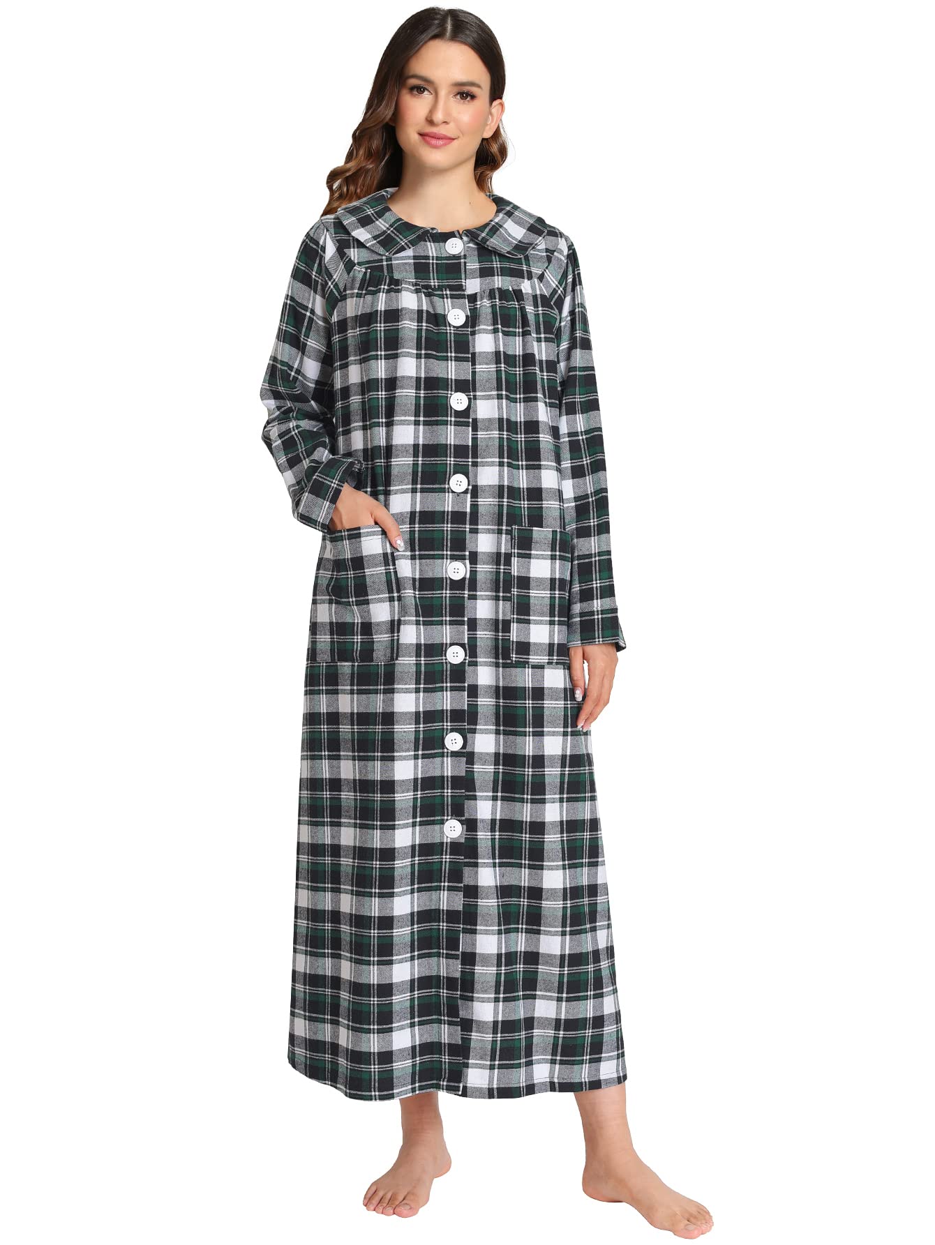 Women's Cotton Flannel Button Up Robe Long Sleeves Housecoat - Latuza
