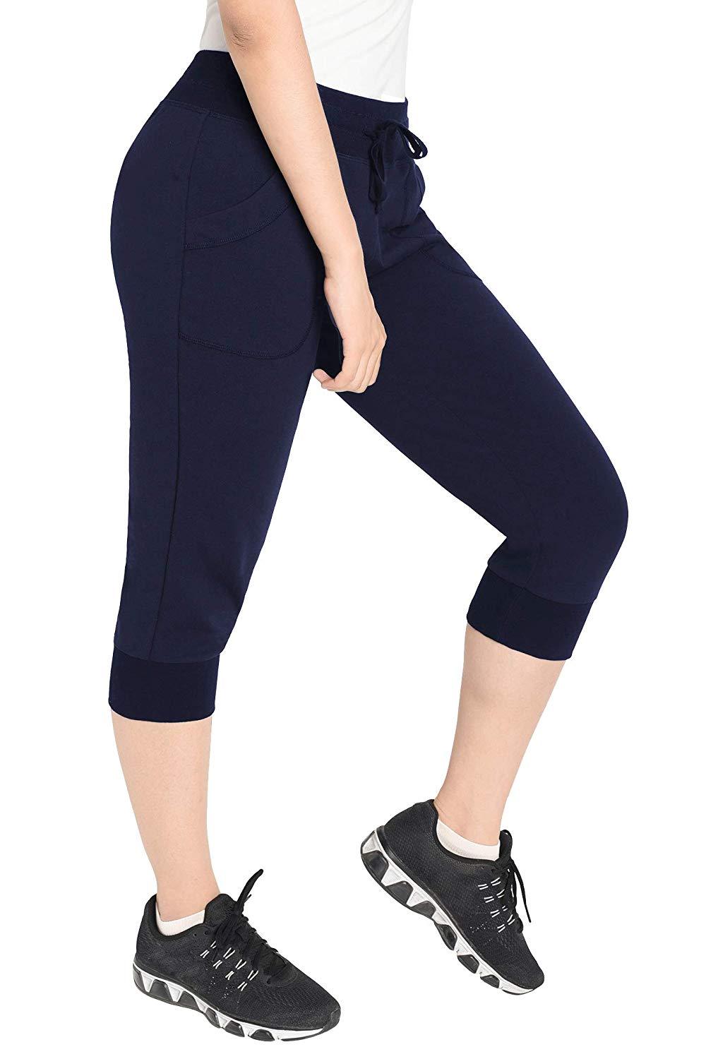 Women's Cotton Sweatpants Jersey Capri Pants with Pockets - Latuza