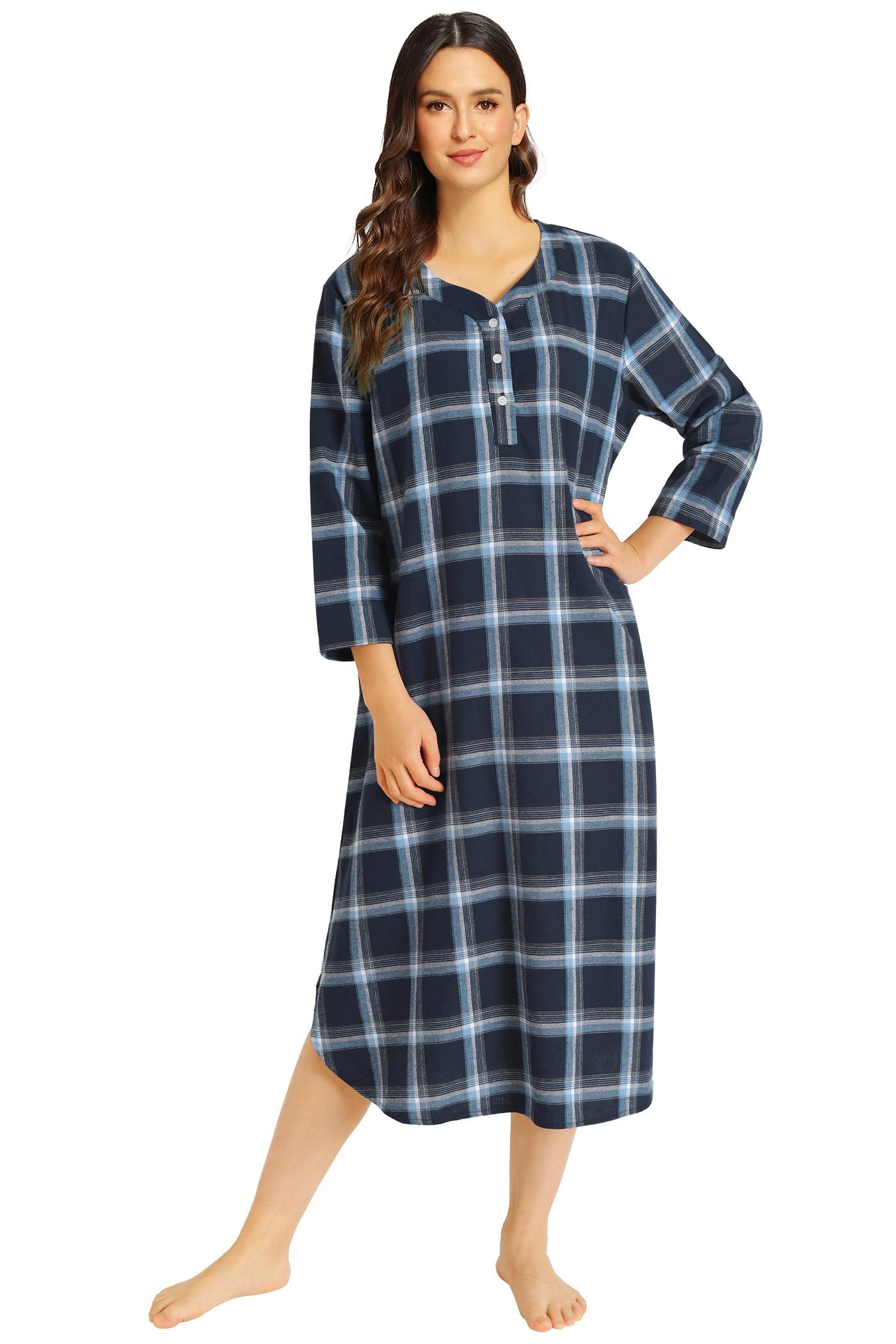 Women's Plaid Flannel Nightgown Warm Cotton Midi Nightgown - Latuza