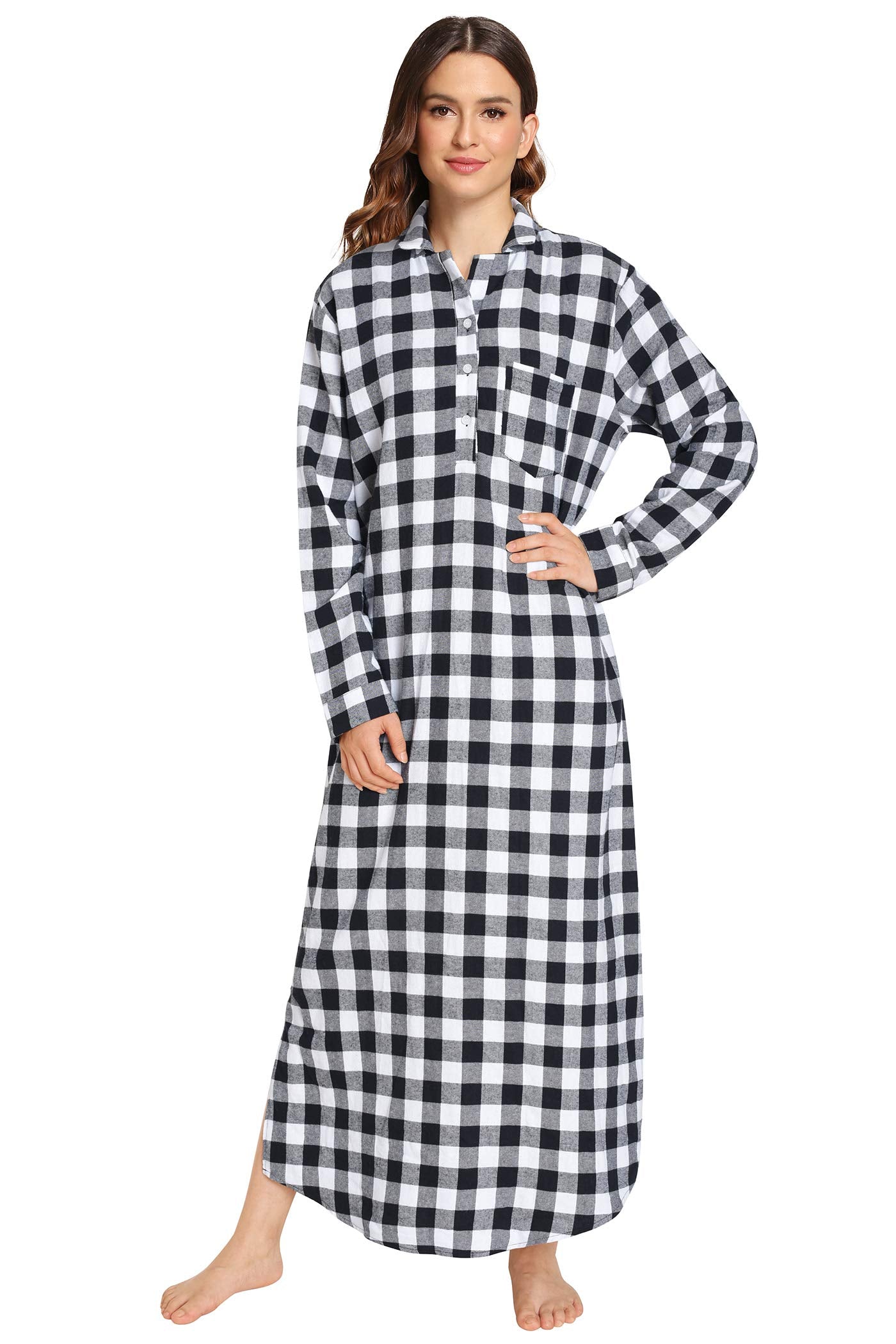 Women's Plaid Flannel Nightgowns Full Length Sleep Shirts - Latuza