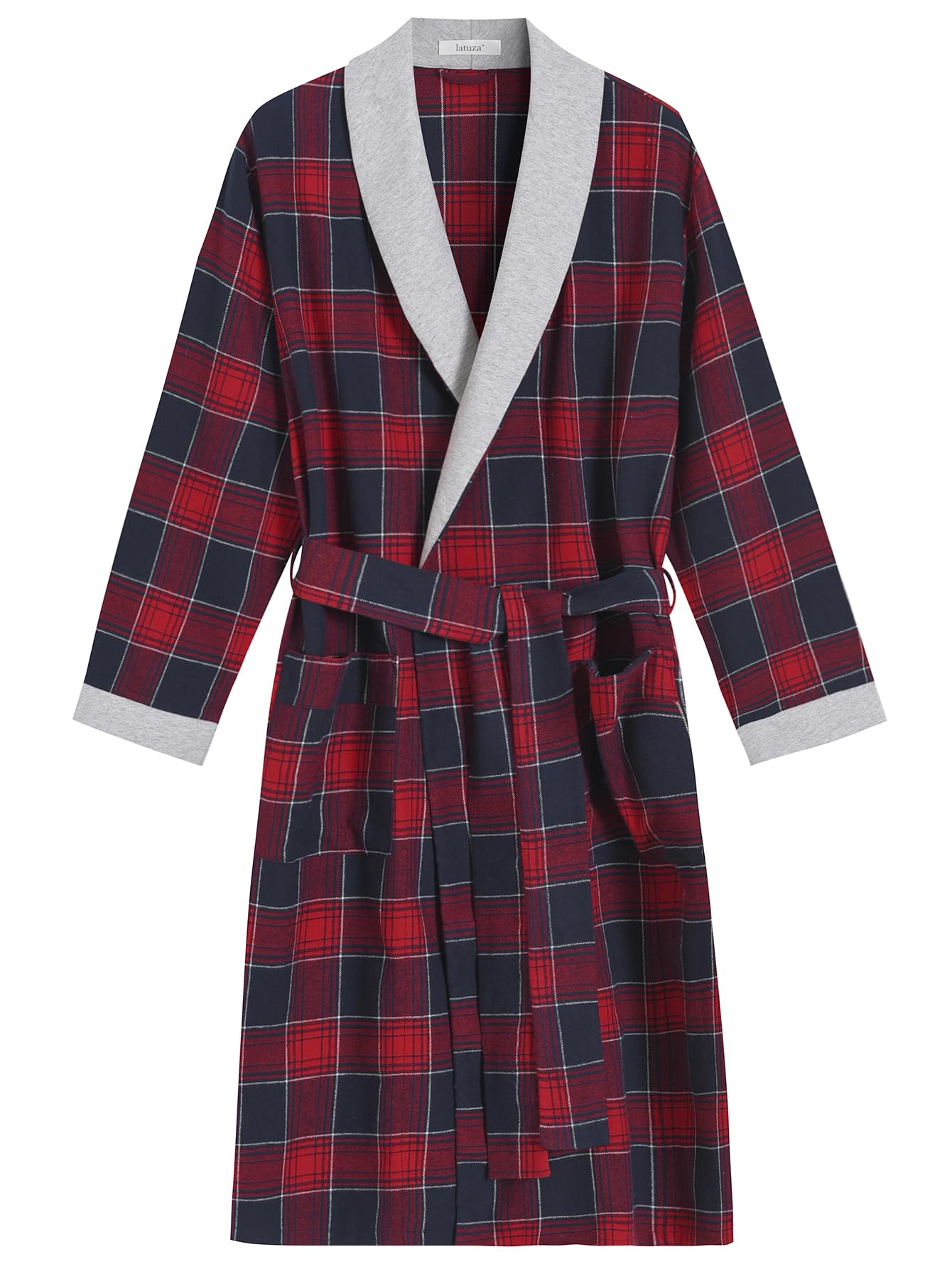 Men's Cotton Flannel Robe Knee Length Plaid Bathrobe - Latuza