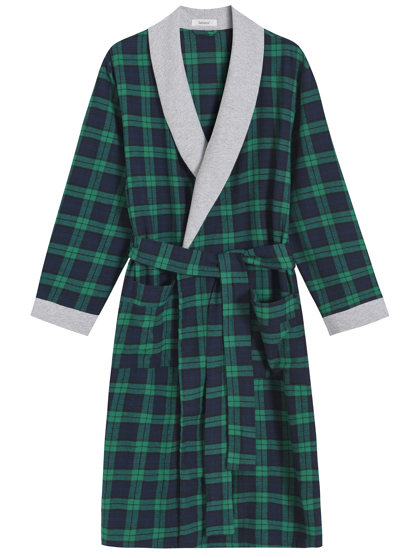 Men's Cotton Flannel Robe Knee Length Plaid Bathrobe - Latuza