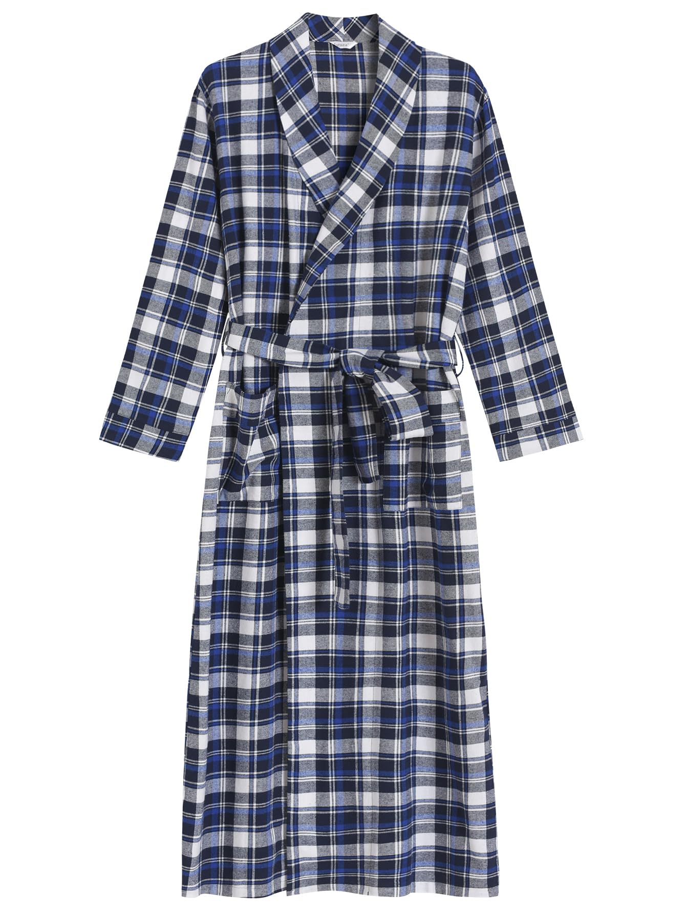 Men's Cotton Flannel Long Robe Full Length Plaid Bathrobe - Latuza