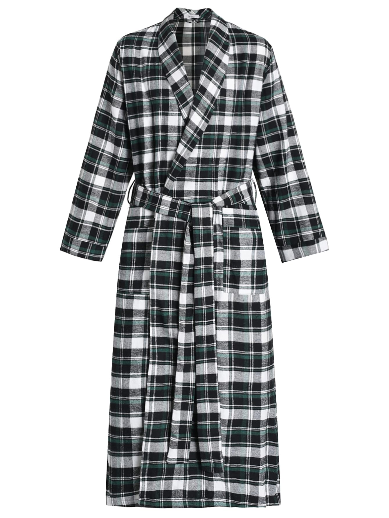 Men's Cotton Flannel Long Robe Full Length Plaid Bathrobe - Latuza