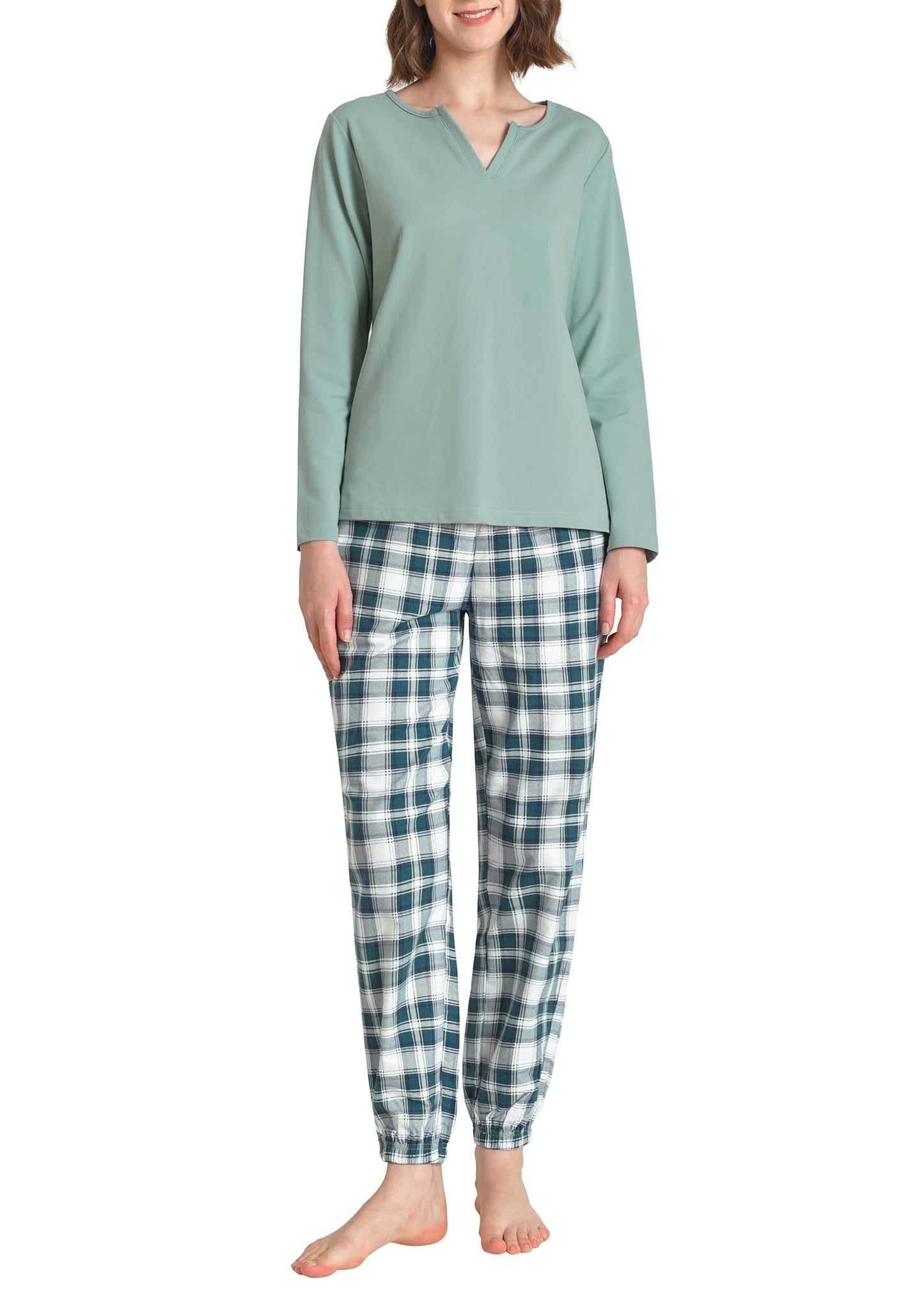 Women's 2 Piece Pajama Lounge Set Long Sleeves Top Flannel Plaid Joggers - Latuza