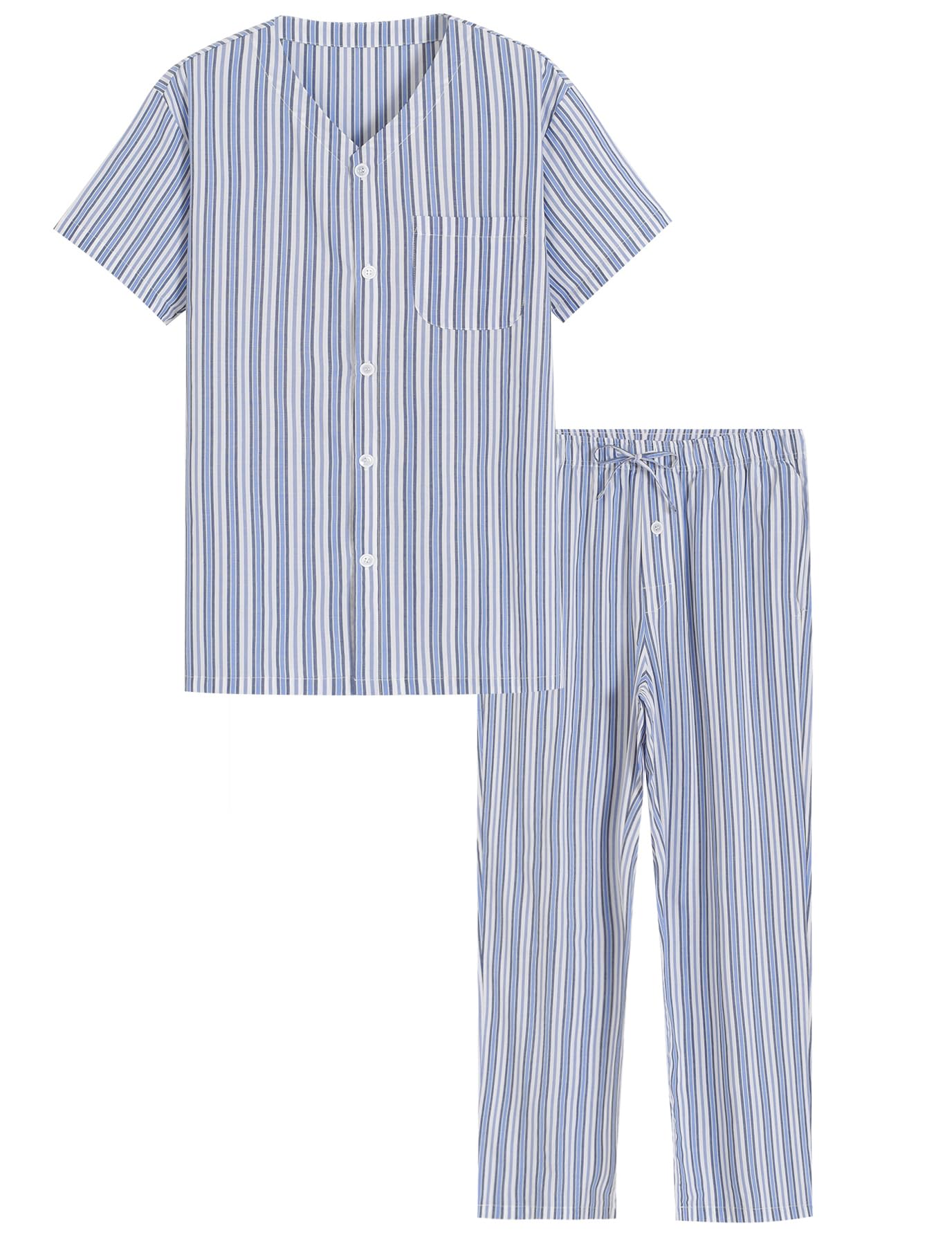 Men's Cotton Pajamas Set Button Up Shirt and Pants for Summer - Latuza