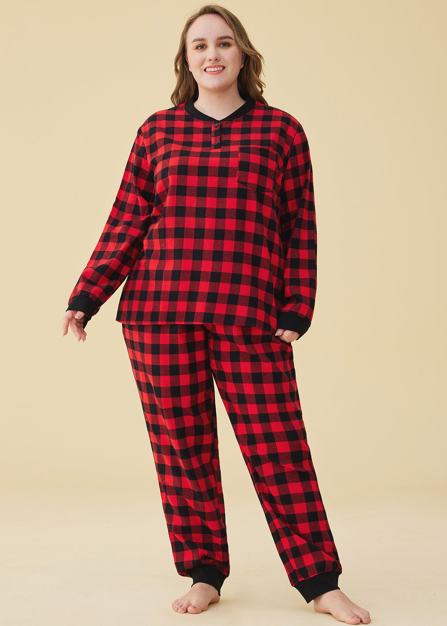 Women's Flannel Cotton Plaid Jogger Pants Pajamas Set