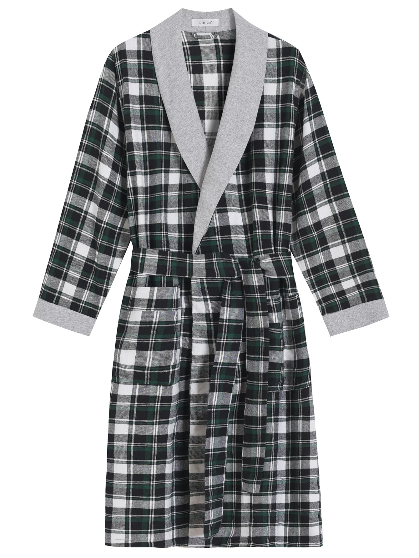 Men's Cotton Flannel Robe Knee Length Plaid Bathrobe - Latuza