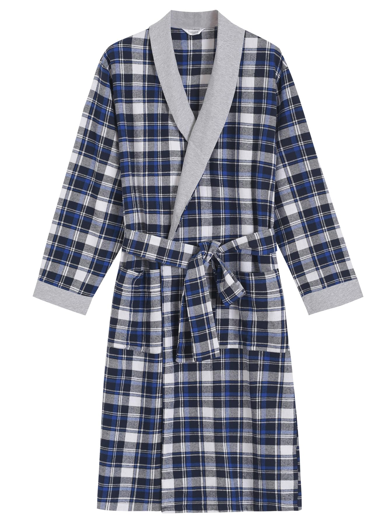 Men's Cotton Flannel Robe Knee Length Plaid Bathrobe - Latuza