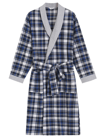 Men's Cotton Flannel Robe Knee Length Plaid Bathrobe - Latuza