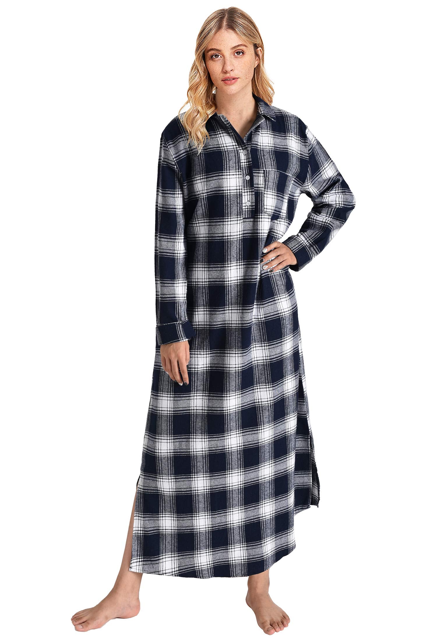 Women's Plaid Flannel Nightgowns Full Length Sleep Shirts - Latuza