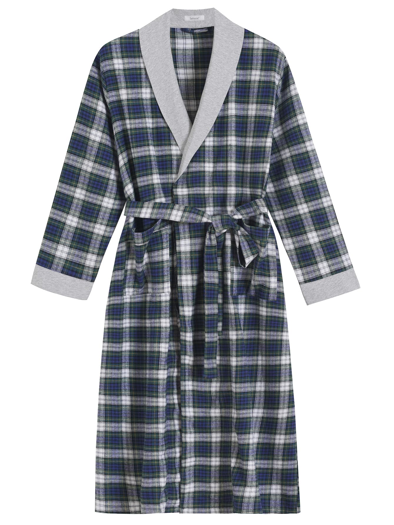 Men's Cotton Flannel Robe Knee Length Plaid Bathrobe - Latuza