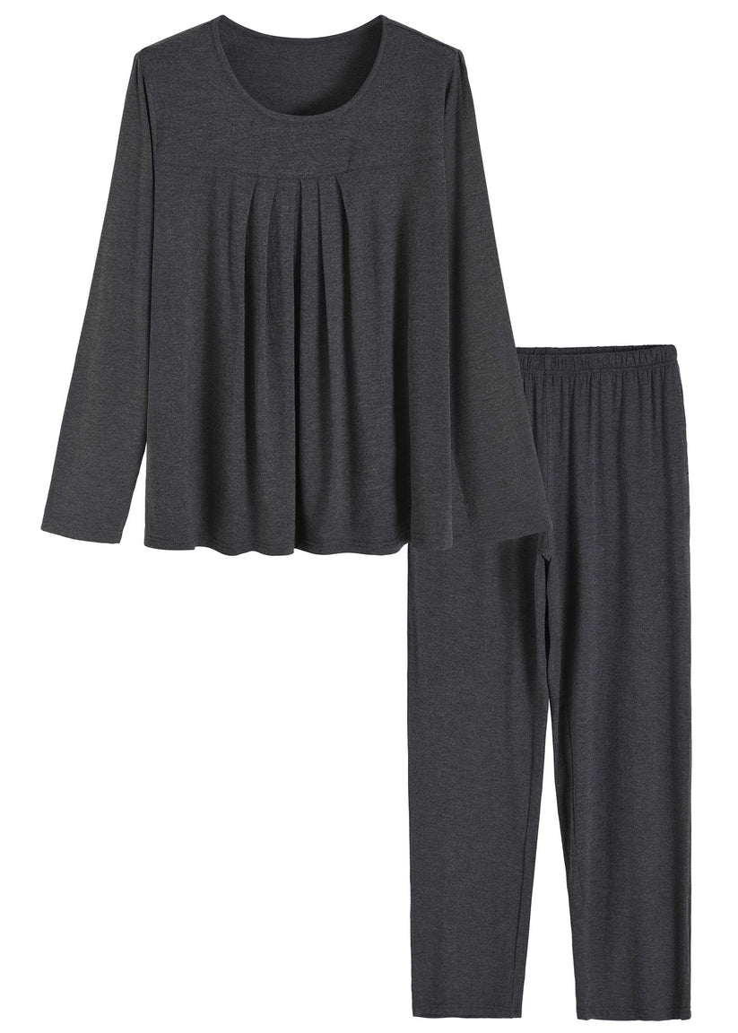 Women's Long Sleeves Bamboo Viscose Pleated Tops Pajamas Pants with Po