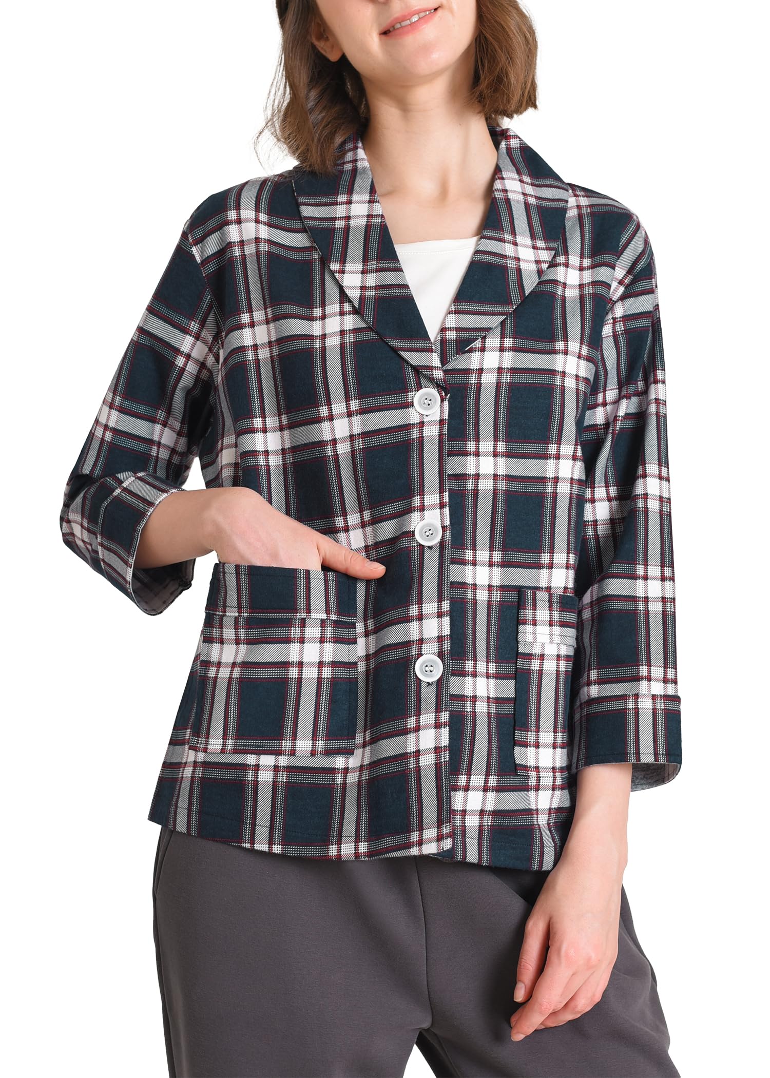 Women's 3/4 Sleeve Cotton Flannel Bed Jacket- Latuza