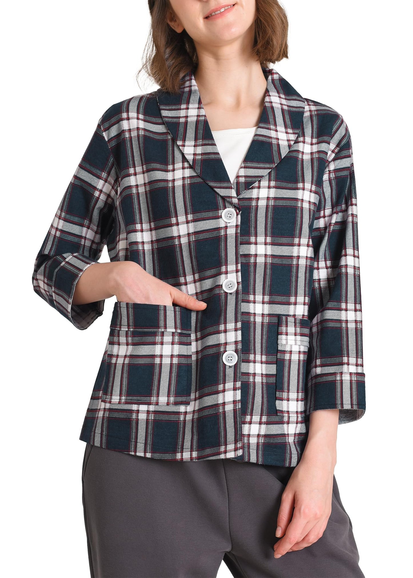 Women's 3/4 Sleeve Cotton Flannel Bed Jacket- Latuza