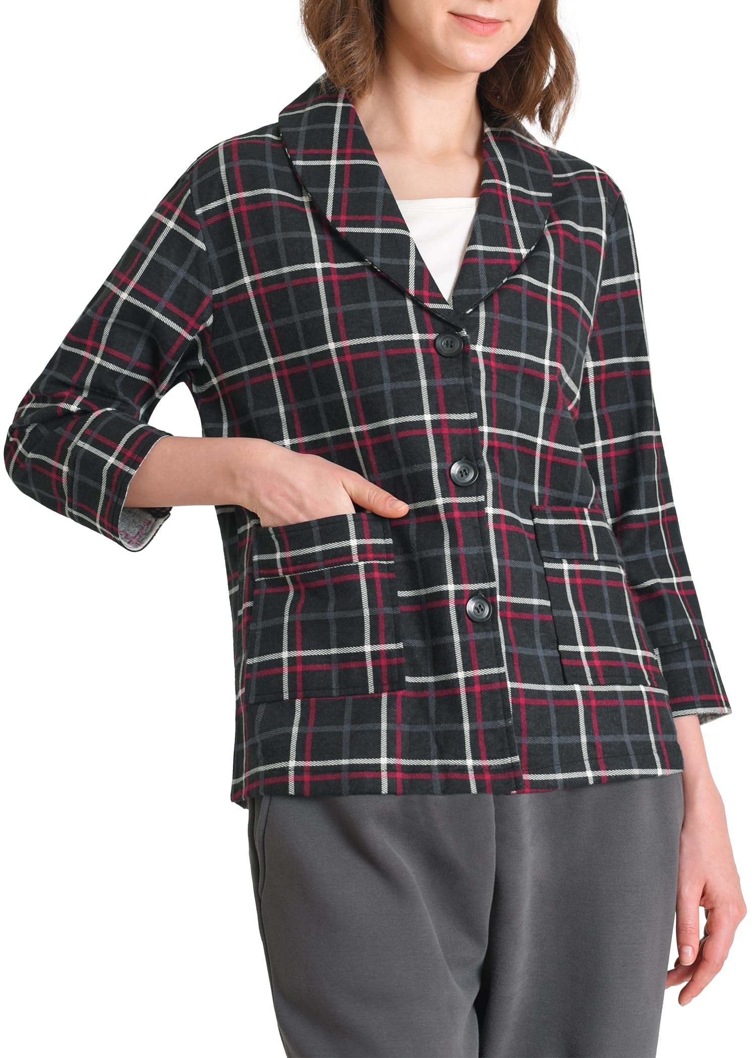 Women's 3/4 Sleeve Cotton Flannel Bed Jacket- Latuza