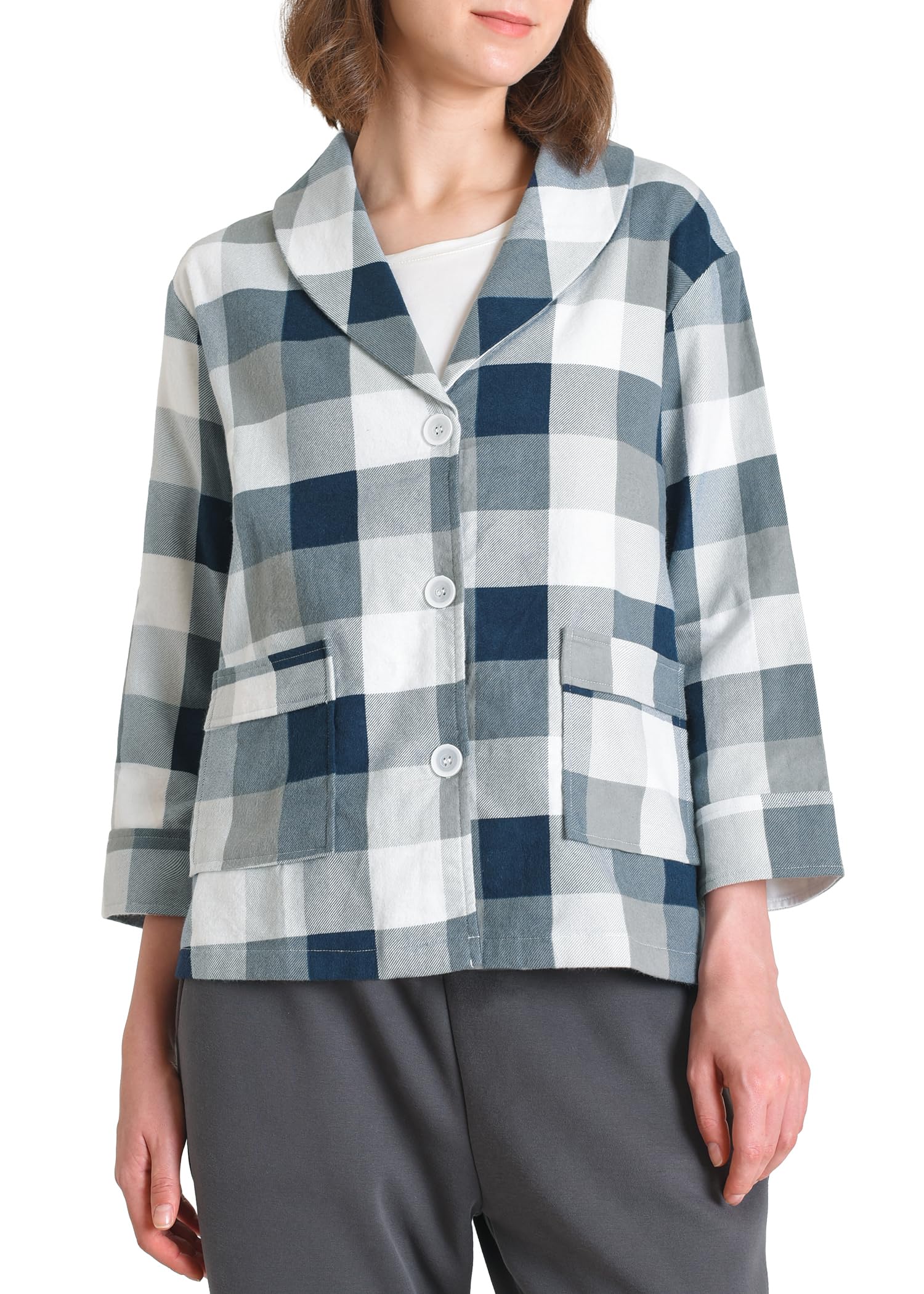 Women's 3/4 Sleeve Cotton Flannel Bed Jacket- Latuza