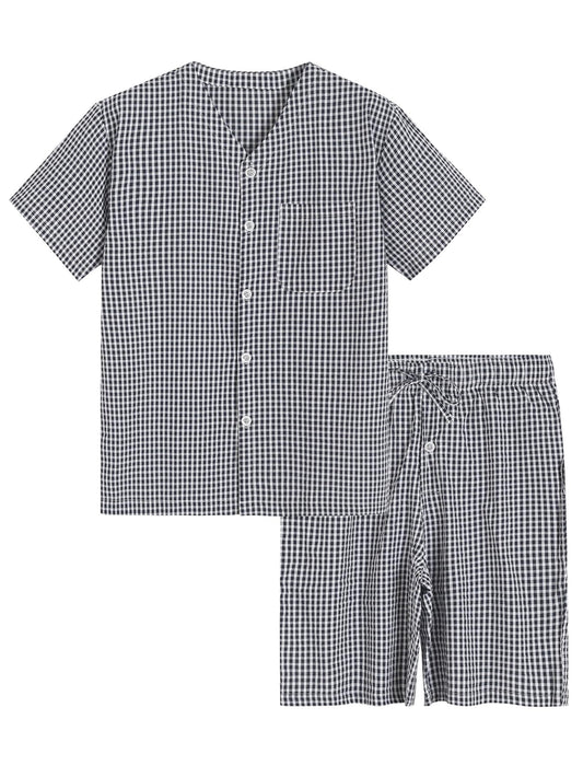 Men's Lightweight Cotton Pajamas Set Seersucker Button Down Short PJs Set - Latuza