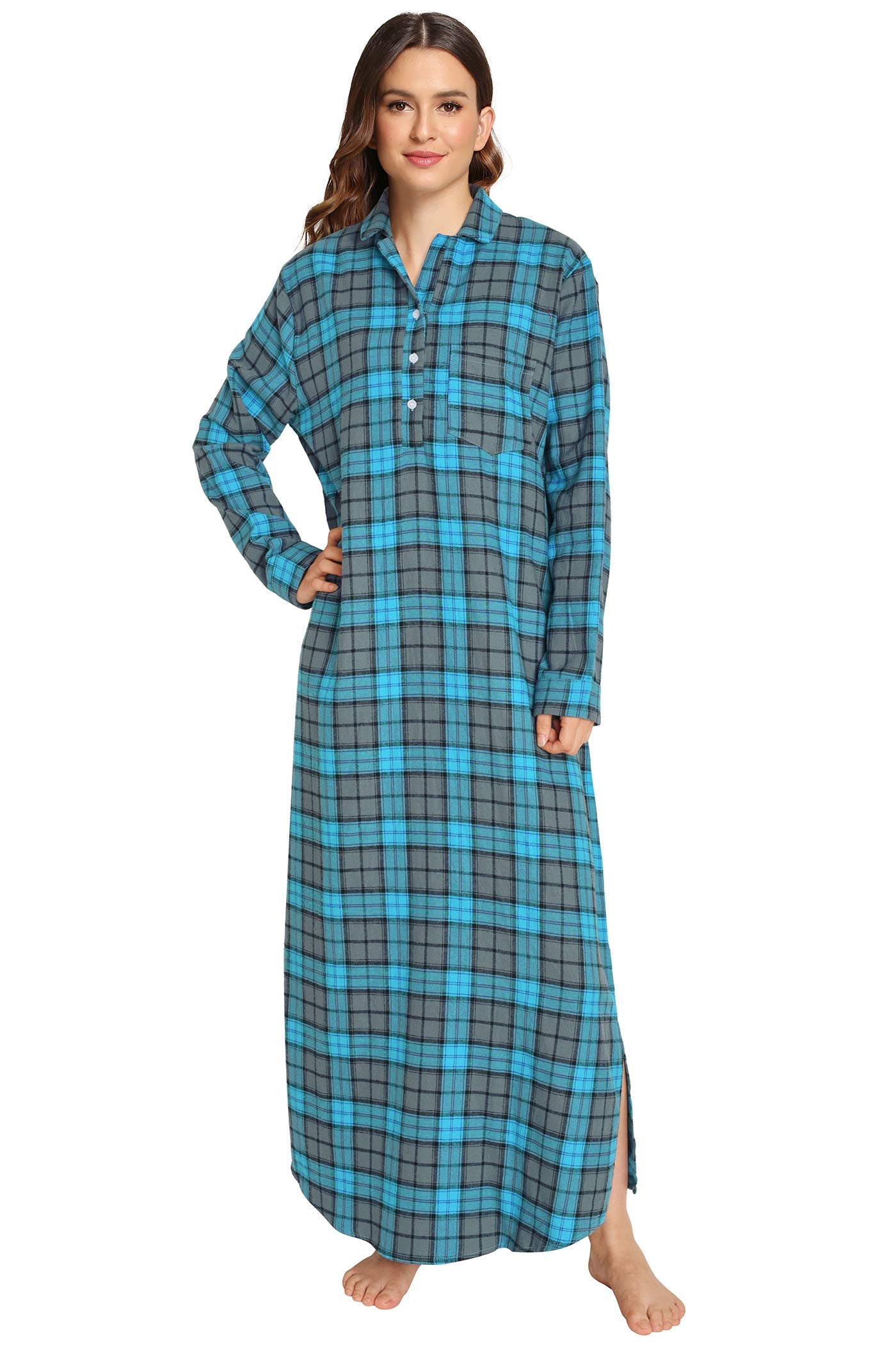 Women's Plaid Flannel Nightgowns Full Length Sleep Shirts