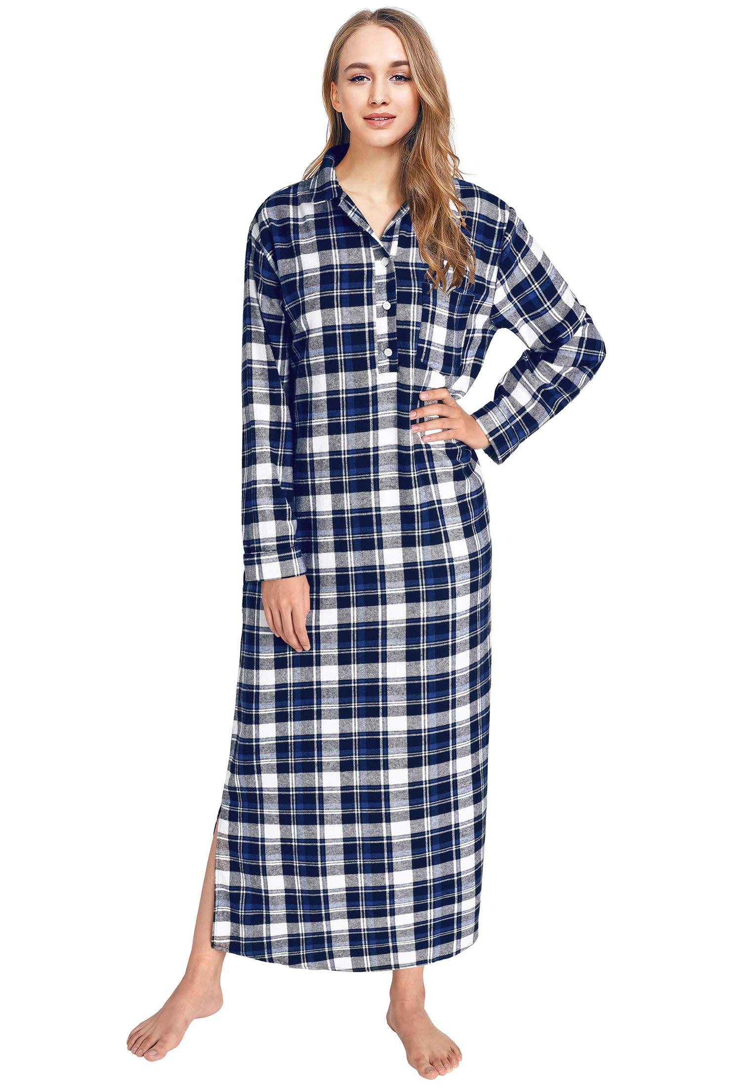 Women's Plaid Flannel Nightgowns Full Length Sleep Shirts - Latuza